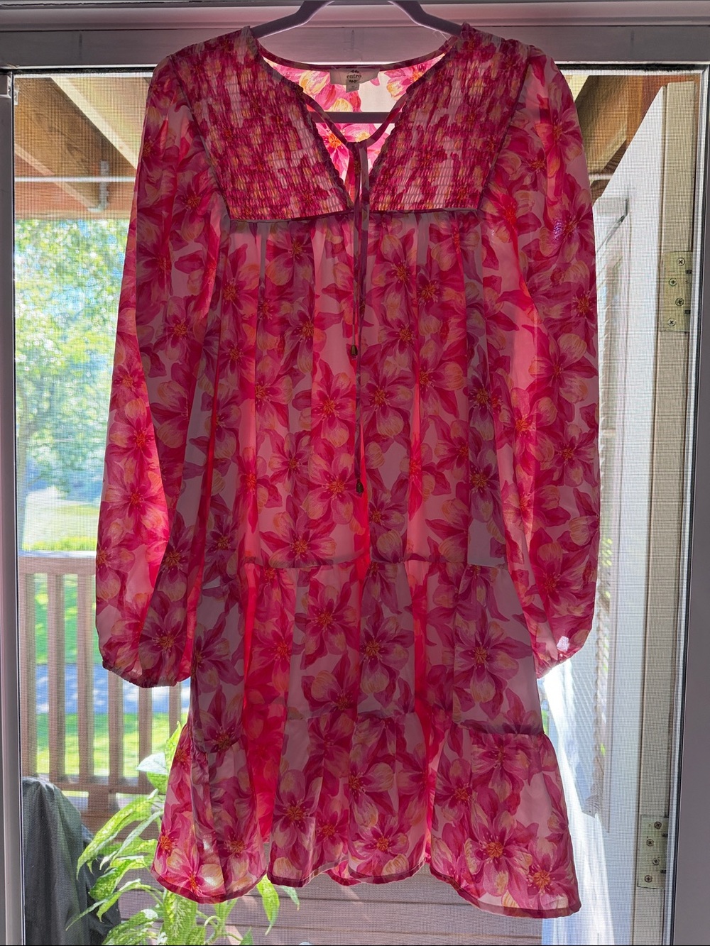 entro Pink Floral Long Sleeve Sheer Tunic Dress NWOT